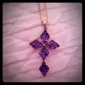 Amethyst cross on 16in gold chain